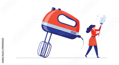 Illustration of a woman cleaning near a giant orange and blue hand mixer highlighting household tasks and kitchen appliances.