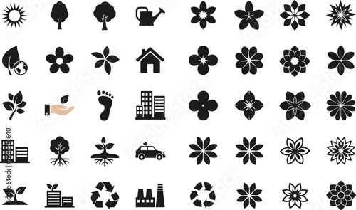 Eco lifestyle icon set with nature environment sustainability symbols plants flowers buildings and recycling vector collection isolated on white background