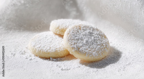 Powdered sugar cookies arranged on white cloth surface