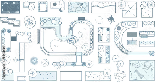 Landscape design plan elements, architectural garden layout symbols, professional site mapping vector set for backyard and park planning isolated PNG with Transparent Background