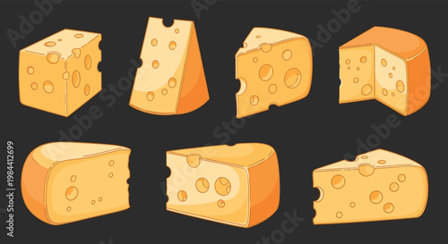 Assortment of different types of cheese slices and wheels with holes isolated on a dark gray background for food design.