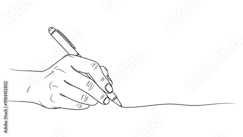 A hand holding a pen drawing a line. Continuous line style. Hand drawn. Line art. Vector design. illustration