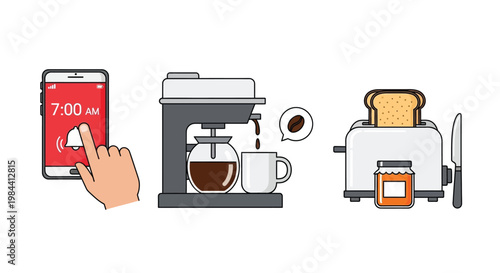 A hand pressing an alarm clock on a smartphone next to a coffee maker and toaster with breakfast items
