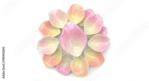 Softly arranged pastel-colored petals forming a beautiful, organic circular pattern on a clean white background