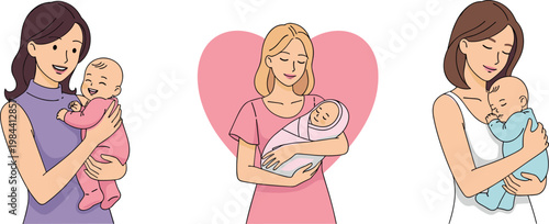 Mother and baby illustration set with loving parenting poses gentle maternal care and newborn bonding lifestyle concept design