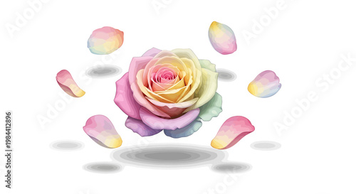 Rainbow rose with falling petals isolated on white background, soft pastel colors, beautiful floral element for design and decoration