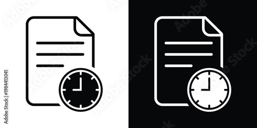 Document and clock icon representing deadlines, time management, scheduled reports, and history. Perfect for planning, efficiency, and project timeline concepts in a minimalist style.