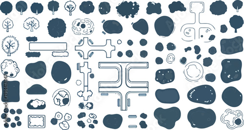 Minimalist architectural landscape symbols, collection of 60 vector tree and shrub top view icons, navy blue site plan vegetation elements isolated PNG with Transparent Background