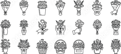 Floral bouquet outline icon set with roses and mixed flowers line art vector collection for wedding gifts decoration isolated on white background