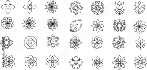 Geometric floral line icon set with abstract flowers mandala shapes minimal outline vector collection isolated on white background