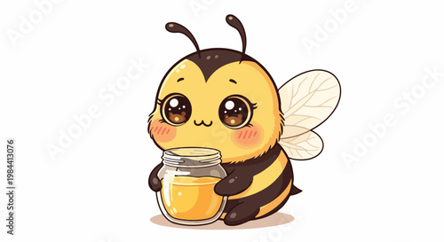 A cartoon bee character holding a jar of honey with a cute expression on a plain white background.