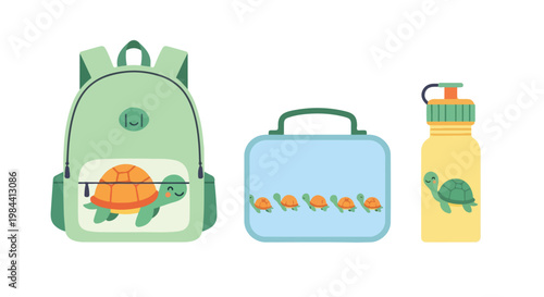 Colorful flat lay of a green turtle-themed backpack, blue lunchbox with fish design, and yellow water bottle on a white background.