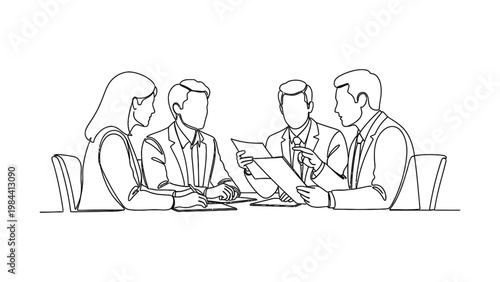 Business professionals discussing documents together. Continuous line style. Hand drawn. Line art. Vector design. illustration