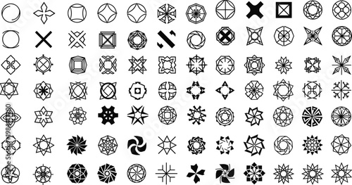 Geometric shape icon mega set with abstract symbols circles stars polygons line art vector collection isolated on white background