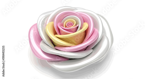 A Beautifully Rendered 3D Illustration of a Multi-Colored Rose with Petals in Shades of Pink, Yellow, and White, Symbolizing Love, Beauty, and Romance