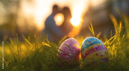 Decorated Easter eggs in grass with blurred couple at sunset