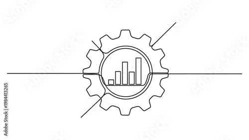 A line drawing of a gear with a graph inside. Continuous line style. Hand drawn. Line art. Vector design. illustration