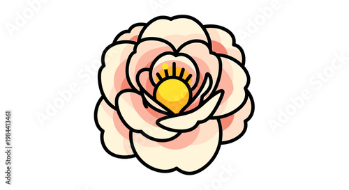 A top-down illustration of a delicate pink and yellow blooming peony flower with soft petals and a vibrant center, representing beauty and nature