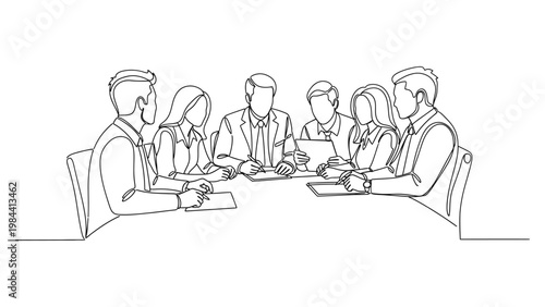 Business people in a meeting discussion. Continuous line style. Hand drawn. Line art. Vector design. illustration