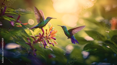 Two hummingbirds hovering near tropical flowers in warm sunlight