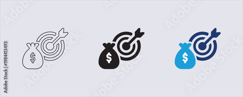 A financial goals icon, a money bag with a dollar sign, a target with an arrow hitting the bullseye. achieving monetary objectives, business targets, or investment milestones.  finance, management.
