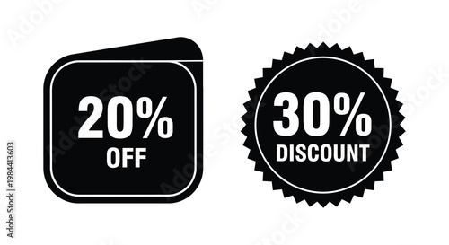 Two black sale badges displaying percentages a striking silhouette