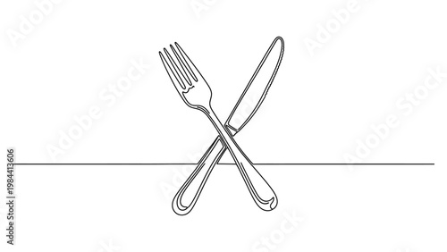 Crossed fork and knife utensils illustration. Continuous line style. Hand drawn. Line art. Vector design. illustration