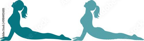 Two women in teal silhouette doing cobra pose yoga