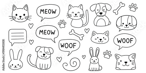 Charming doodle collection of cats dogs rabbits and bones with speech bubbles a whimsical hand drawn illustration