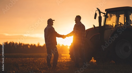Farmers shaking hands beside tractor in sunset field