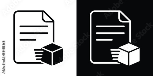 Document with moving box icon. Symbolizes logistics tracking, shipping orders, delivery forms, and warehouse inventory management. Clean line and solid design for business applications.