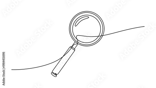 A magnifying glass on a line. Continuous line style. Hand drawn. Line art. Vector design. illustration