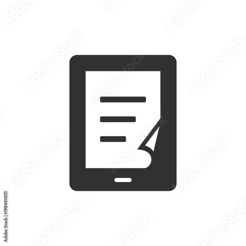 Ebook reader with document icon. Digital reading and electronic book concept. Monochrome black and white symbol