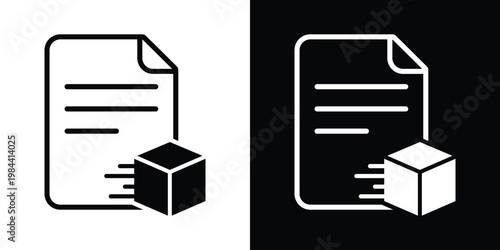 Document with moving box icon. Symbolizes logistics tracking, shipping orders, delivery forms, and warehouse inventory management. Clean line and solid design for business applications.