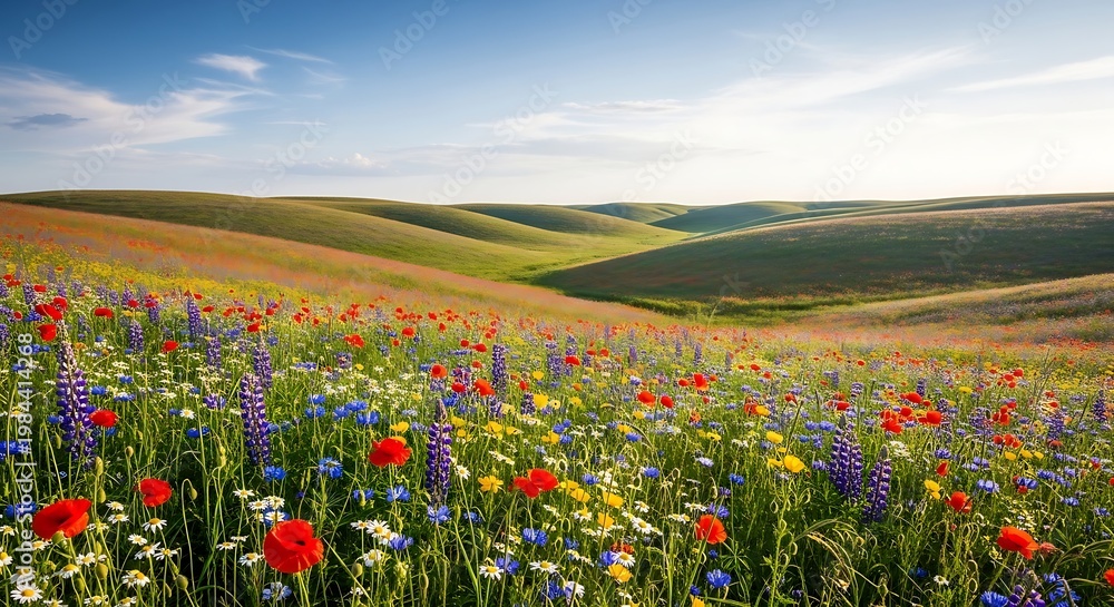 Obraz premium Vibrant wildflower meadow bathed in golden sunlight rolling green hills under a clear blue sky with fluffy clouds