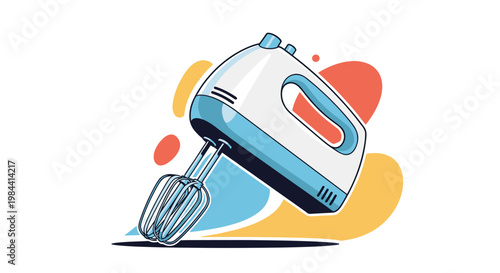 Illustration of a modern electric hand mixer in white and blue tones against a colorful abstract background.