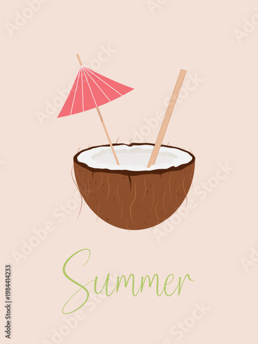 Exotic coconut cocktail, milk. Summer card