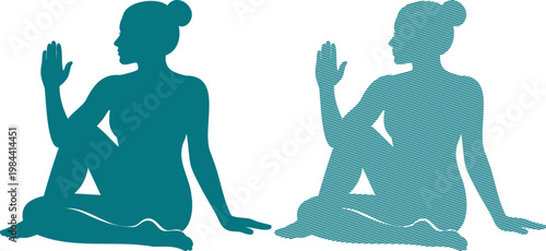 Two teal silhouettes of women in yoga poses meditation