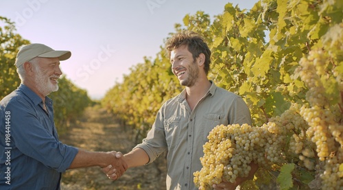 Two men shaking hands in a vineyard during grape harvest