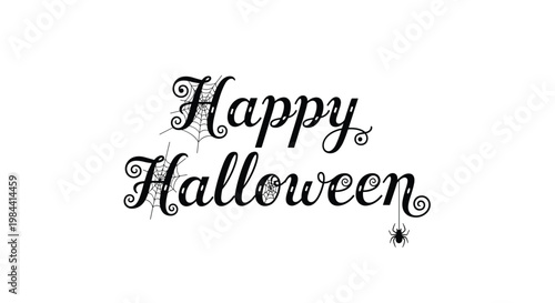 Decorative Happy Halloween lettering in black script adorned with delicate spiderwebs and a tiny hanging spider.