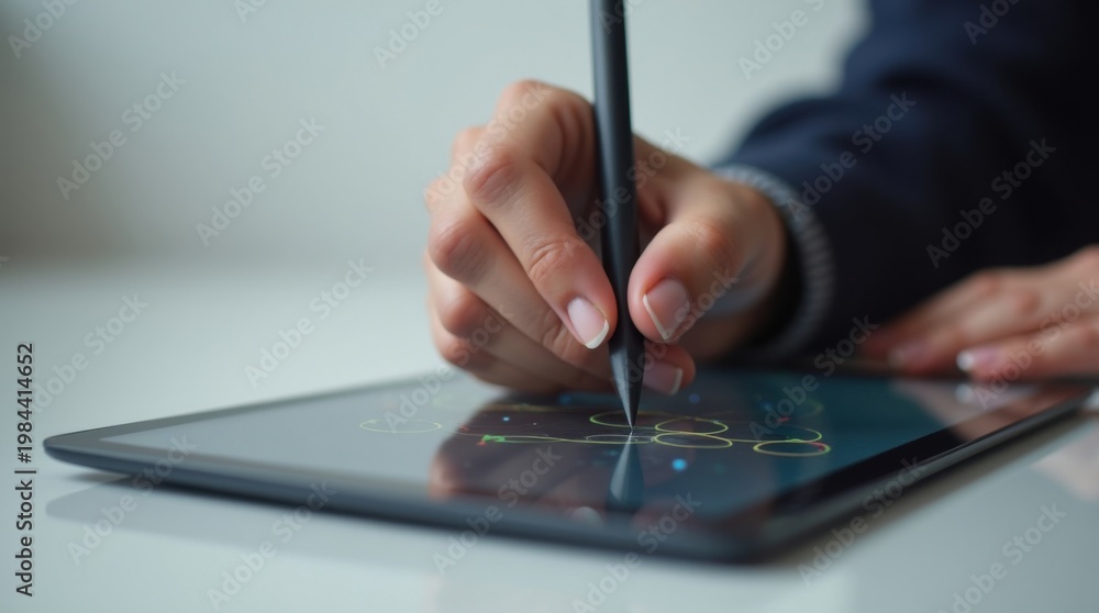 Obraz premium Mano usando un lápiz óptico en la pantalla de una tableta, trabajo digital creativo, composición limpia