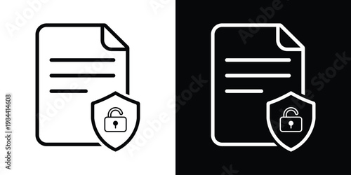 Document security icon showing a paper sheet protected by a shield and padlock open. Ideal for data privacy, legal protection, encrypted files, and cybersecurity concepts. Minimalist vector style.