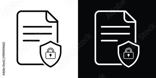 Document security icon showing a paper sheet protected by a shield and padlock. Ideal for data privacy, legal protection, encrypted files, and cybersecurity concepts. Minimalist vector style.