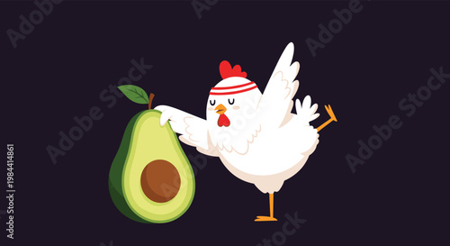 Humorous illustration of a white chicken in a red headband posing with a large ripe avocado on a dark background.