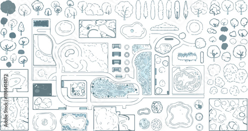 Landscape design vector elements, architectural site plan symbols for garden mapping, hand drawn tree and shrub collection for urban planning isolated PNG with Transparent Background