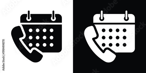 Appointment booking icon featuring a calendar and a phone handset. Represents scheduled calls, meeting reminders, consultation bookings, and customer service planning. Bold flat design.