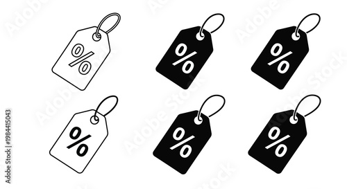 Six black and white price tags displaying percentage signs silhouette