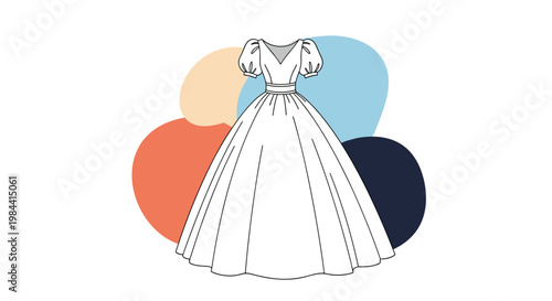 Stunning white wedding dress or ball gown design featuring a full skirt and puff sleeves with abstract background.