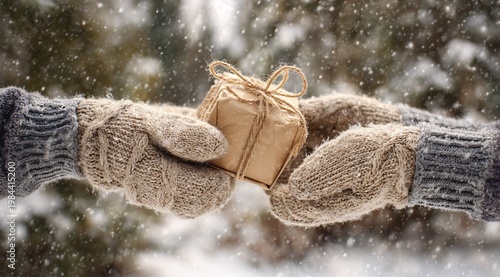 Gloved hands exchanging wrapped gift in snowy winter scene