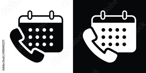 Appointment booking icon featuring a calendar and a phone handset. Represents scheduled calls, meeting reminders, consultation bookings, and customer service planning. Bold flat design.